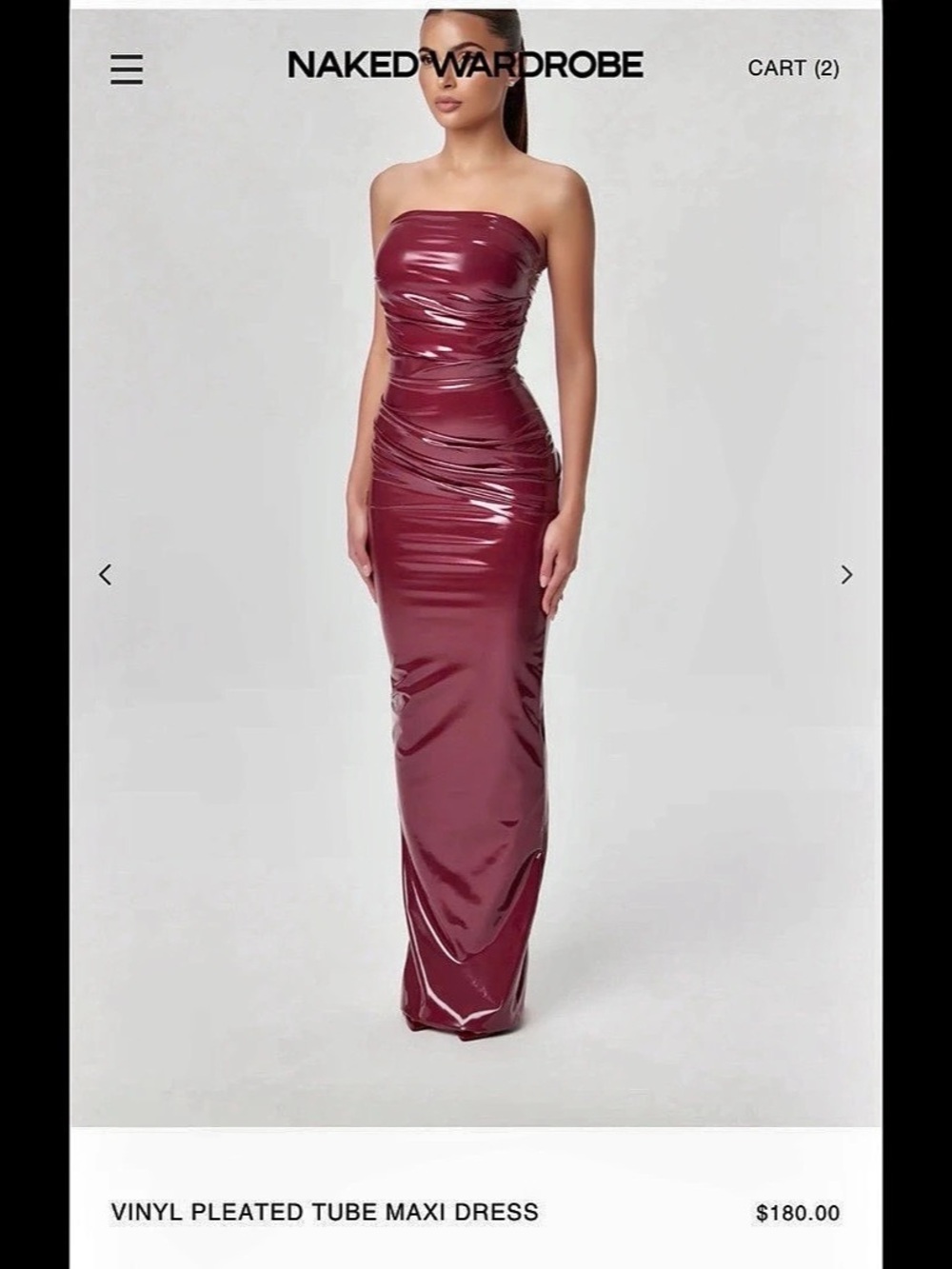 Naked Wardrobe Vinyl Pleated Tube Maxi Dress Burgundy